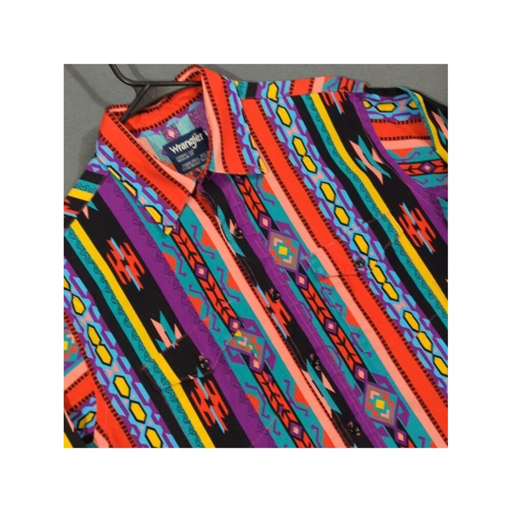 Wrangler VTG Shirt Mens 16.5 x 34 Colorful Cowboy Cut X Long Tails Aztec Western